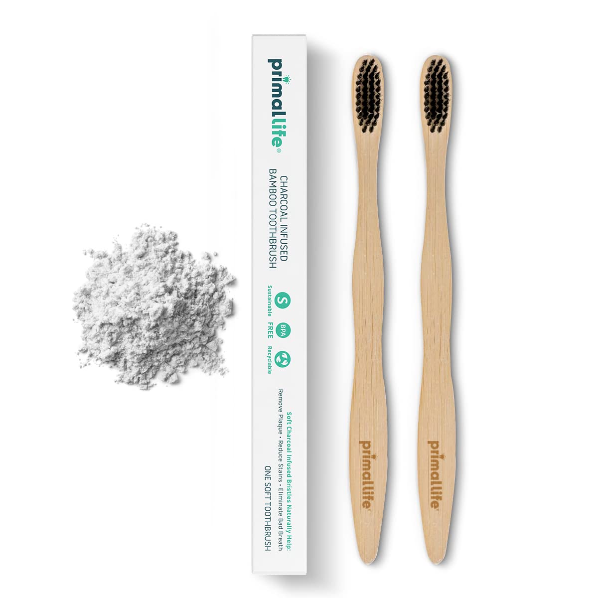 Primal Life Organics - Charcoal Toothbrush Made with Charcoal & Bamboo Biodegradable BPA-Free Perfect for Kids & Adults Recyclable Gently Massages Gums & Teeth Zero Waste Toothbrush (2-Pack)