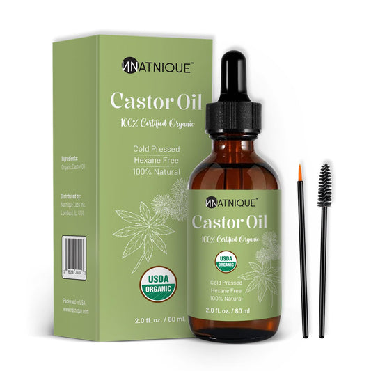 Natnique Castor Oil Organic 2oz USDA 100% Pure Cold Pressed Unrefined Hair Growth Oil for Eyelashes & Eyebrows. Natural Skin Moisturizer Hair Treatment Kit Hair Growth Oil. Kit Includes Brushes
